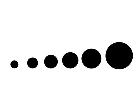Black circles in a row of increasing size isolated on transparent background