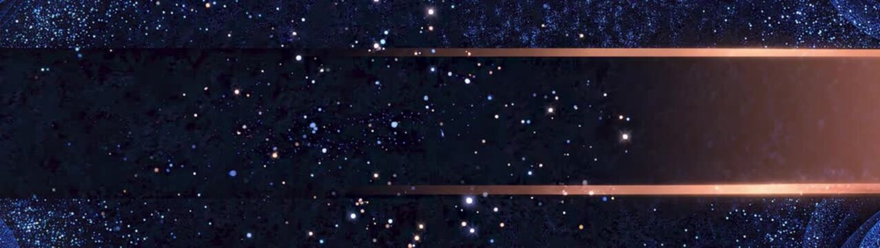 Cosmic star field framing a dark central band, with distant stars sparkling around a luminous horizon.