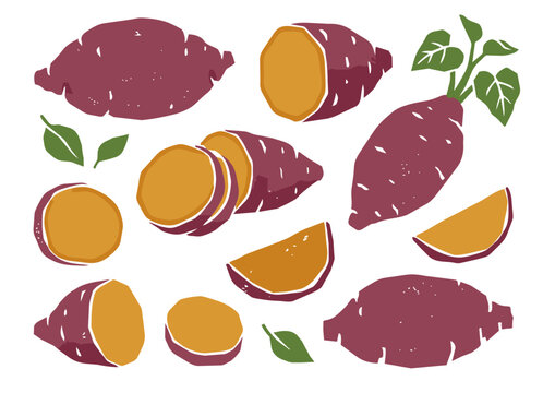 Printmaking Style Sweet Potato and Roasted Sweet Potato Vector Illustration for Autumn Food Design／版画風のさつまいも・焼き芋・秋の食材モチーフのベクターイラスト