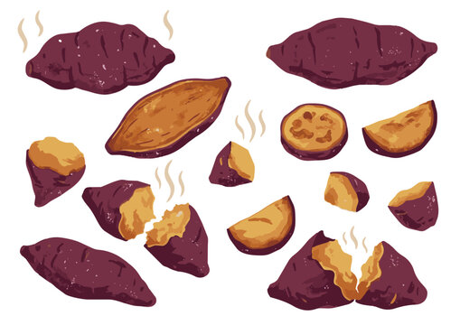 Printmaking Style Sweet Potato and Roasted Sweet Potato Vector Illustration for Autumn Food Design／版画風のさつまいも・焼き芋・秋の食材モチーフのベクターイラスト
