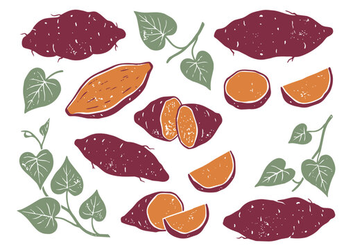 Printmaking Style Sweet Potato and Roasted Sweet Potato Vector Illustration for Autumn Food Design／版画風のさつまいも・焼き芋・秋の食材モチーフのベクターイラスト