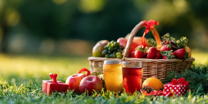Summer Christmas Picnic with Fresh Fruits and Festive Gifts