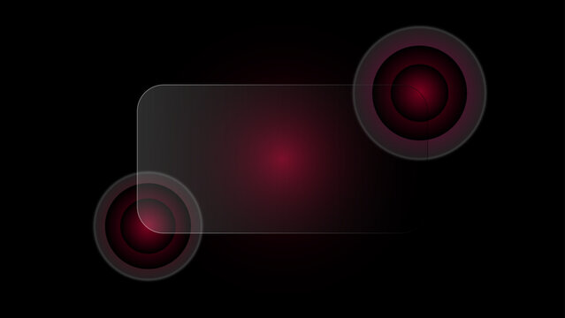 Glassmorphism dark background with glowing red circles and rounded rectangle card layout