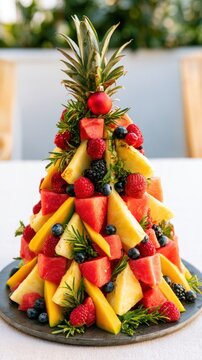 Tropical Christmas Tree Made from Fresh Colorful Fruits