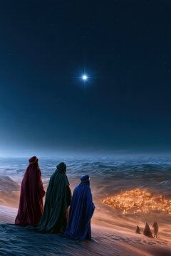 Three Wise Men Watching Bethlehem Star Above Illuminated Desert City