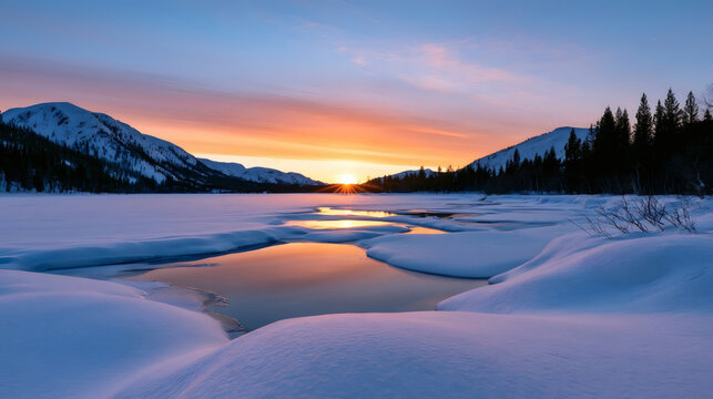 Stunning winter sunrise over a snow-covered river in the mountains. The warm light reflects beautifully on the ice and snow, creating a serene natural landscape.