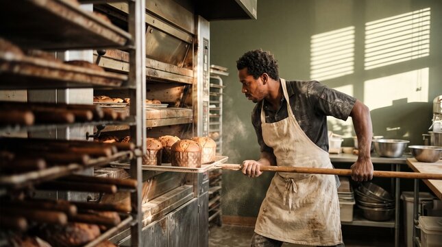 Focused male baker pulling fresh panettone bread from a commercial oven using a long wooden peel in a sunlit artisan bakery