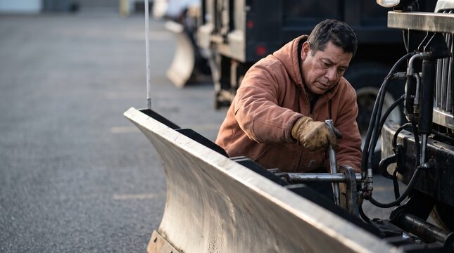 Focused mature male worker wearing work gloves and a brown jacket attaching a heavy duty metal snow plow blade to a utility truck outdoors