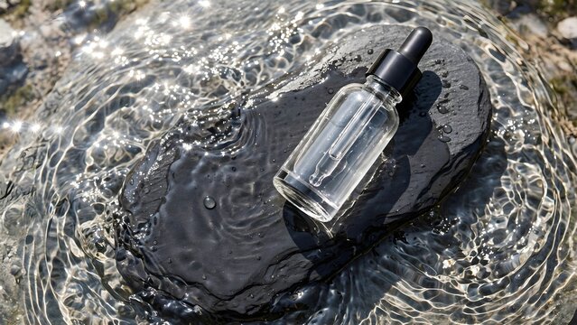 Clear liquid dropper bottle on dark stone in flowing water