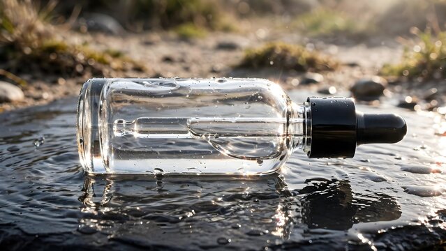 Clear liquid in dropper bottle lying on wet stone with natural background