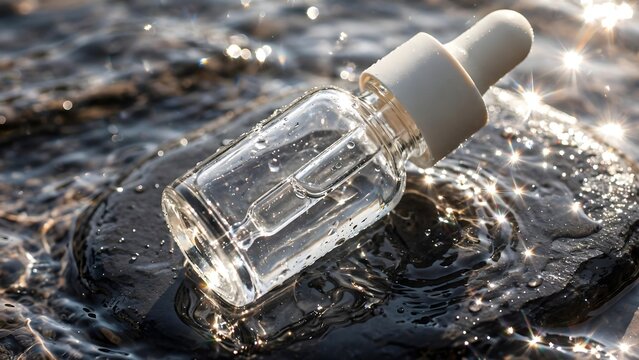 Glass dropper bottle with clear liquid on wet surface with sparkling light