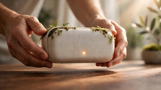 Modern air purifier with integrated plant holder and natural elements