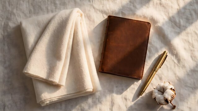 Minimalist flat lay composition with notebook pen and textile soft light