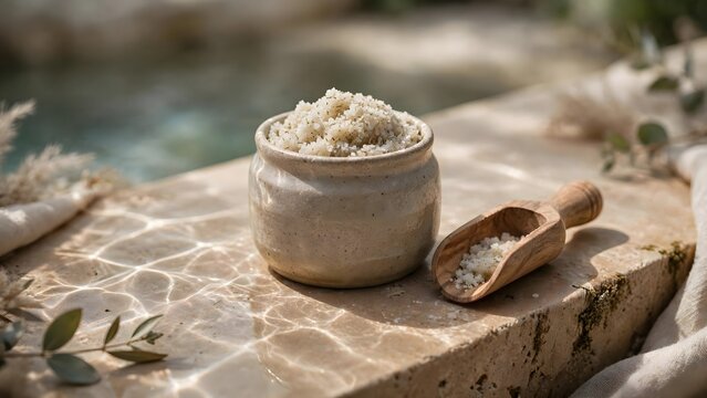 Natural bath salts in ceramic jar with wooden scoop outdoors