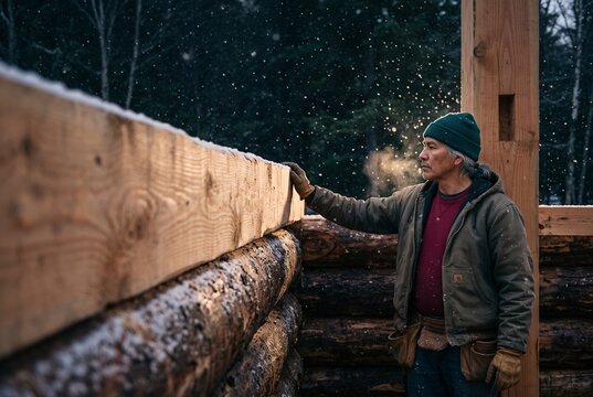 Mature indigenous carpenter inspecting a wooden beam while building a rustic log cabin in a snowy winter forest