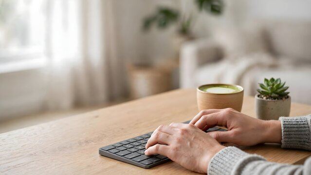 Person typing on keyboard with beverage and plant on desk