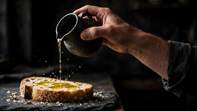 Pouring cooking oil onto bread slice fresh ingredients healthy eating concept