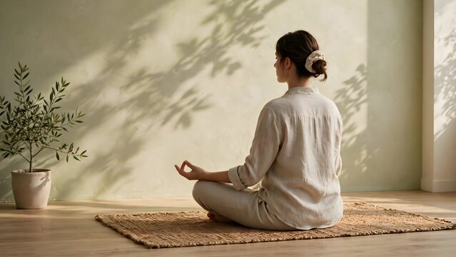 Woman meditating peacefully in a sunlit room with plant shadows