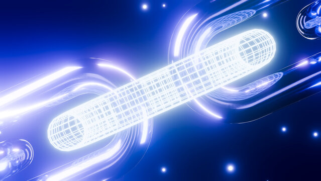 Digital 3d wireframe chain link glowing on blue technology background