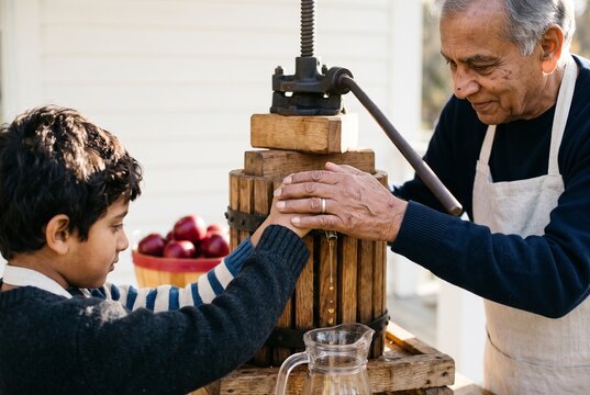 Senior grandfather and young grandson pressing fresh apple cider together using a traditional wooden fruit press outdoors