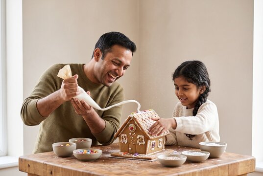 Happy father and young daughter decorating a gingerbread house together with icing and candies at home for Christmas celebration