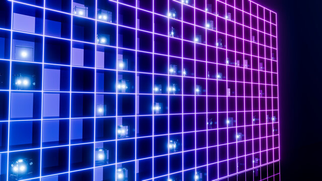 Glowing neon grid with illuminated cubes in a digital 3d composition