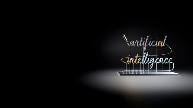 Neon sign of artificial intelligence with pen on dark background
