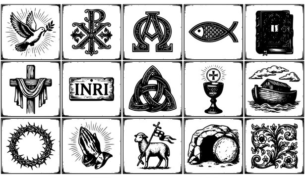 Vintage Christian Symbols and Biblical Emblems Engraving Illustration Set