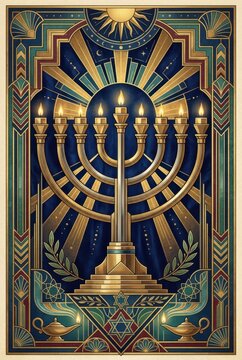 Menorah vector art glows with warm golden flames against a rich navy blue art deco background with turquoise accents.
