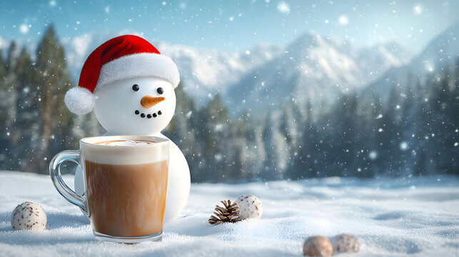 A snowman in a Santa hat next to a cup of coffee in a snowy meadow on a sunny winter day