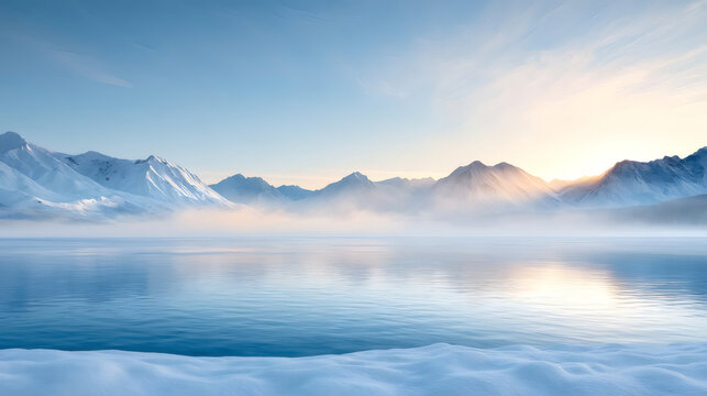 Serene winter landscape with snow-covered mountains reflecting in calm lake at sunrise. Mist creates a dreamy, peaceful atmosphere, perfect for nature backgrounds and travel concepts.