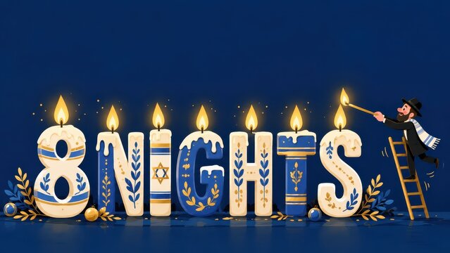 Hanukkah typography featuring glowing white candles shaped like the words 8 nights against a deep blue background.