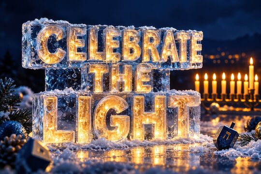 Ice sculpture glows with internal amber lights, standing proudly amidst snowy ground under a dark winter twilight sky.