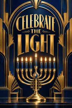 Celebrate the light poster featuring a menorah and art deco blue and gold architectural design.