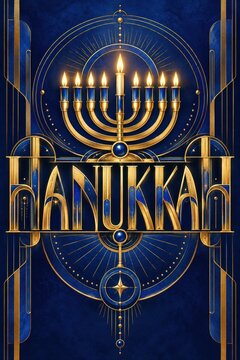 Hanukkah typography rendered in golden art deco style beneath a glowing menorah on a deep blue textured poster background.