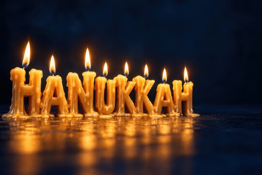 Melted wax candles shaped into the word hanukkah glowing with warm flickering flames on a dark textured surface.