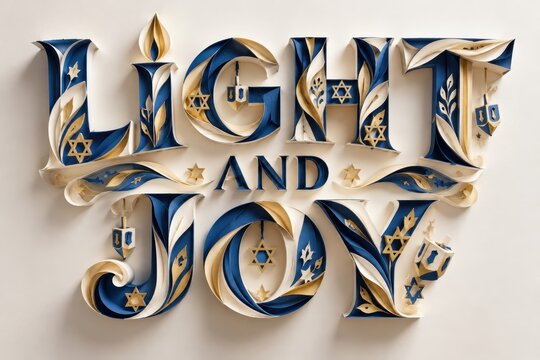 Ornate papercut typography spelling light and joy featuring intricate blue and gold floral patterns and hanging dreidels against a clean white backdrop.