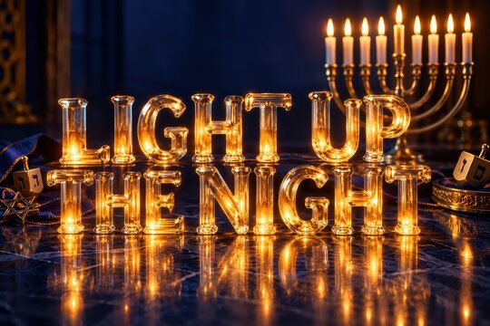 Glass typography spelling light up the night illuminated by golden candles next to a traditional menorah on a dark surface.