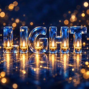 Glass letters spelling light filled with warm glowing candle flames set against a dark blue bokeh background.