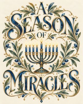 A season of miracles typography features ornate golden and deep blue cursive lettering framed by delicate botanical foliage and a glowing menorah.