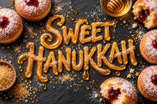 Hanukkah sufganiyot pastries dusted with powdered sugar surround sweet golden honey typography on dark slate.