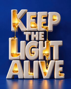 Letters spelling keep the light alive glow with warm amber liquid honey against a stark royal blue textured background.