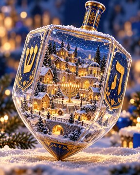 Glass dreidel containing a miniature snowy village illuminated by warm golden lights and sparkling with holiday magic.