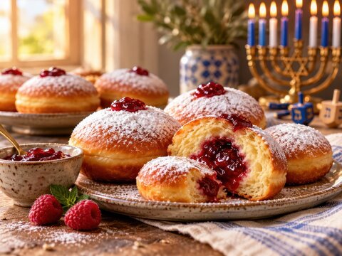 Sufganiyot dusted with powdered sugar sit on a rustic wooden table beside a menorah and raspberries.
