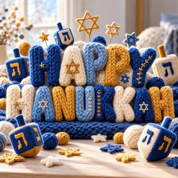 Handmade knit letters spelling out Happy Hanukkah sit among woolen textures and traditional dreidels.