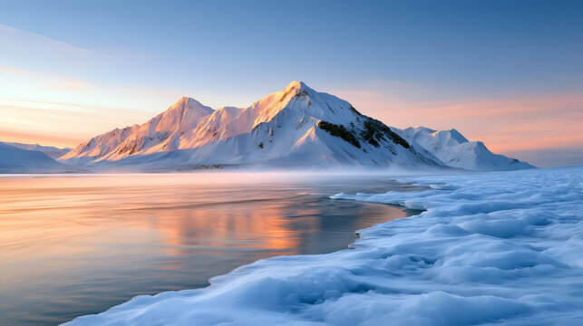 Scenic winter landscape with snow-covered mountains, icy sea, and soft sunlight reflecting on frozen water. Tranquil arctic nature at sunrise or sunset.