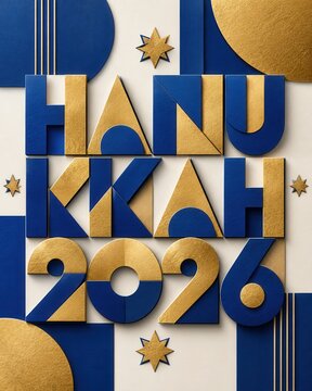 Hanukkah typography design features textured blue and gold paper craft elements arranged vertically on a clean background.