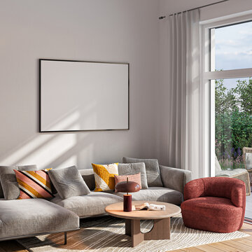 Modern Living Room Poster Frame Mockup with Natural Light and Minimalist Decoration. 3D render.