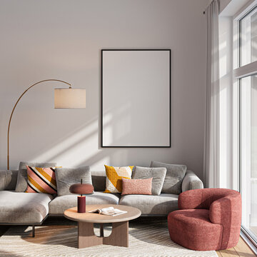 Modern Living Room Poster Frame Mockup with Natural Light and Minimalist Decoration. 3D render.