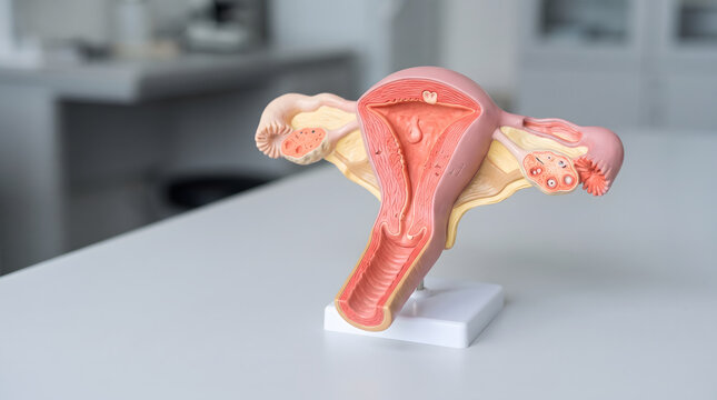 Anatomical model of female reproductive system showing uterus and ovaries on table.